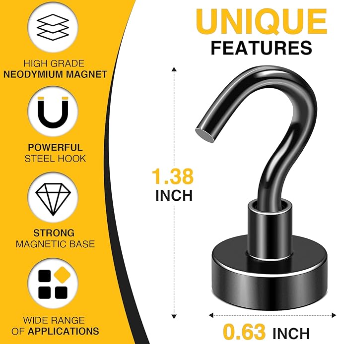 DIYMAG Magnetic Hooks for Refrigerator, Extra Strong Cruise Hook, Heavy Duty Earth Magnets with Hook for Hanging, Magnetic Hanger for Cabins, Grill (45P-Black)