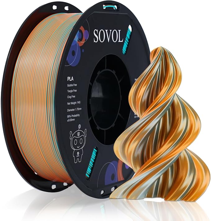 Sovol Dual Color PLA Filament 1.75mm, Silk PLA 3D Printing Material, Dual Color Filament Orange + Light Blue 2 in 1 Coextrusion PLA Filament +/-0.03mm, 1kg/2.2lbs