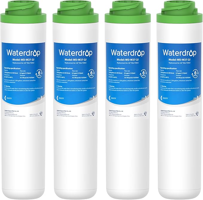 Waterdrop FQK2J Under Sink Water Filter, Replacement for GE FQK2J, FQK1K, Compatible with GE GXK255TBN, 1350 Gallons Dual Flow Drinking Water Replacement Filters, 4 Pack