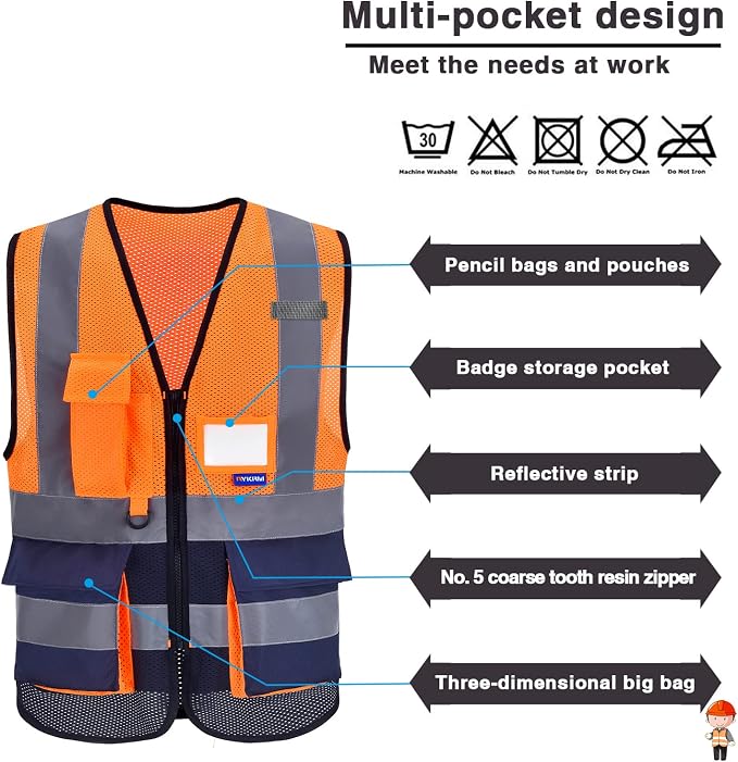 A-SAFETY Reflective Safety Vest, Clear ID Pocket, Zipper, Orange/Navy, 3XL | Orange/Navy 3XL Polyester work vest with 7 pockets, reinforced zipper pockets and black front zipper for site supervision.