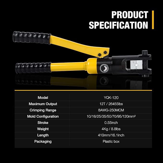 12T Hydraulic Crimping Tool 8AWG-250MCM Cable Crimping Tool 0.55 inch Stroke Hydraulic Lug Crimper Electrical Terminal Crimper with 8 Pairs of Die Sets, YQK-120