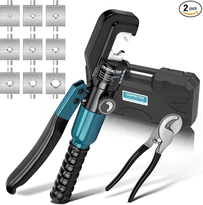Hydraulic Crimping Tool Set with Cable Cutter, 10 Tons Battery Cable Crimper Tool with 12 AWG to 00 (2/0), Terminal Cable Wire Tool Kit with 9 Die (12awg~00awg Crimping Tool) Blue