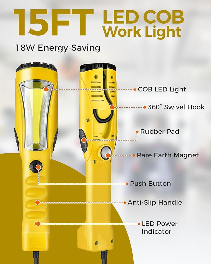 18W LED Work Light and Extension Cord Storage Reel with 4-Grounded Outlet & 2 USB Port Bundle, for Garage, Workshop, Car Repair Scene, Hand Wind Retractable Y03WL06-U85CR06