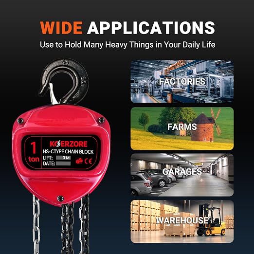 1 Ton Hand Chain Hoist 2200 Lbs Capacity 10ft Lift Manual Come Along Winch with G80 Steel Chain & Dual Hooks for Engine Lift, Warehouses, Automotive, Machinery