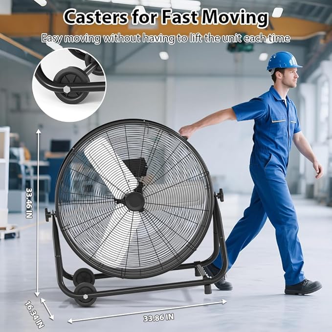 LifePlus 30" Industrial Drum Fan, 550W 14000 CFM High Velocity 3-Speed Heavy Duty Metal Air Circulator with 360° Tilt, Casters Handle for Warehouse Factory workshops Patios Garage,