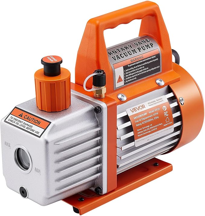 VEVOR 4 CFM AC Vacuum Pump and Gauge Set, 1/3 HP, Single Stage Rotary Vane HVAC Air Vacuum Pump, A/C Refrigerant Manifold Gauge Kit, with Leak Detector, Carry Bag, for R134a R22 R410a Refrigerants