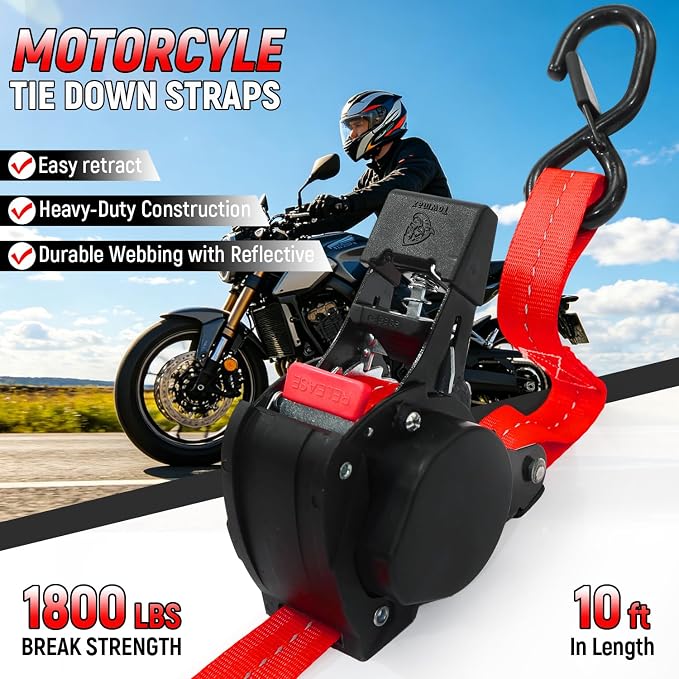 Retractable Ratchet Straps (Patented-4pack) - 1 inch x 10Feet (1,800lb Break Strength) Auto Self Retracting Tie Down Straps - Self Retractable Straps with Refletcive for Motorcyle, Truck or Cargo
