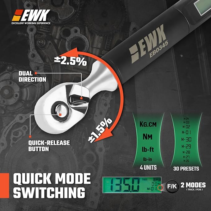 EWK 3/8 Inch Drive Digital Torque Wrench 5-100 ft-lbs (6.8-135 Nm) | IS0 6789, ±1.5% clockwise / ±2.5% counterclockwise, LCD Display, LED Buzzer Vibration Alert, 30 Memory Values