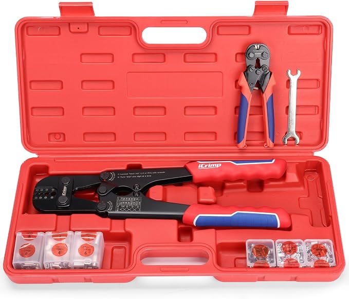 iCrimp 1608M Wire Rope Crimping Tool with CWR-35 Cable Cutter Set, 4 Die Slots 3/64" to 1/8", High Carbon Steel Swaging Kit for Aluminum Oval, Double Barrel & Annealed Copper Sleeves