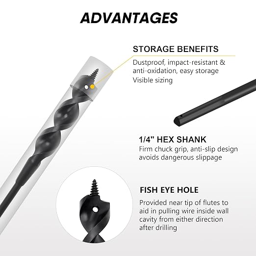 58" Flexible Installer Drill Bit for Pulling Wires in Walls, Ceilings, and Sidewalks, 3/4" Auger with Screw Point & Fish Eye, 1/4" 3-Flat Shank for Wood & Conduits, with Wire Puller & Storage Tube