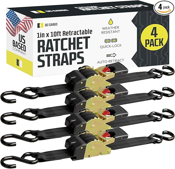 DC Cargo Mall Auto Retractable Ratchet Straps (4-Pack) 1” x 10ft, Heavy Duty, 1,209lb Break Strength – Tie Down Straps for Cargo, Truck, Trailer, Motorcycle, Boat