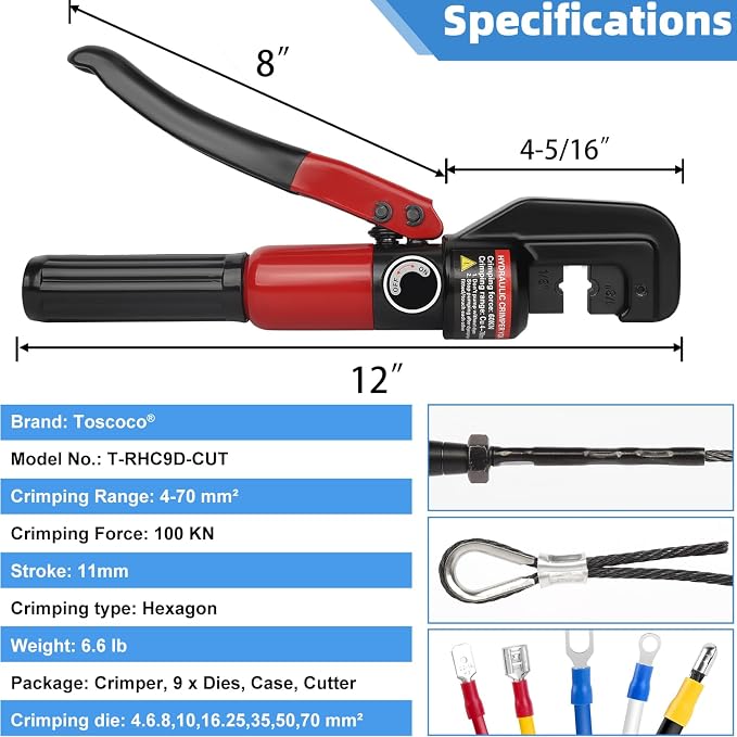 Upgraded Hydraulic Crimping Tool and Cable Cutter, Hydraulic Cable Lug Crimper with 9 Dies, Wire Swaging Tool for 1/8" - 3/16" Stainless Steel Cable Railing Kit