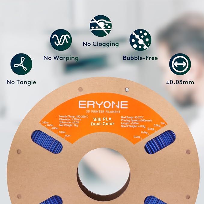 ERYONE Silk Dual Color PLA Filament 3D Printer 1.75mm +/- 0.03mm, Bicolor Filament Two Tone PLA 1KG(2.2lbs) Cardboard Spool, Orange & Blue