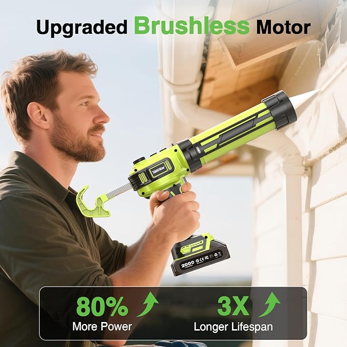 Taskstar Electric Caulking Gun 21V, Upgraded Brushless Cordless Caulking Gun with 2 x 2.0Ah Batteries, 250KG Thrust, LED Light, Anti-Drip,10 OZ Battery Power Caulk Gun Tool for Filling, Sealing