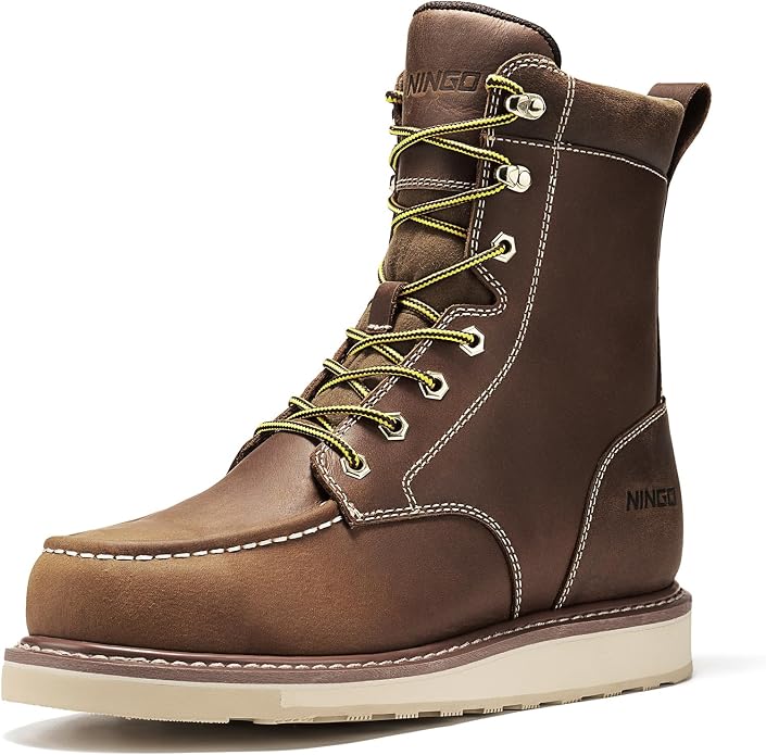 NINGO Steel Toe Work Boots for Men, 8 Inches Waterproof Moc Toe Construction Boots, Goodyear Welt Non Slip Wedge Outsole, Full-Grain Leather EH Rated Mens Safety Work Shoes, for Industrial, Welding