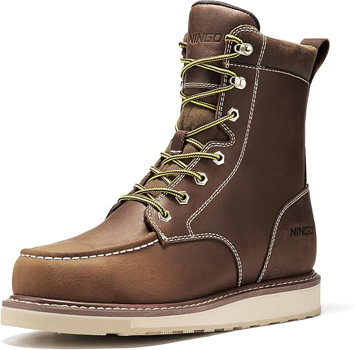 NINGO Steel Toe Work Boots for Men, 8 Inches Waterproof Moc Toe Construction Boots, Goodyear Welt Non Slip Wedge Outsole, Full-Grain Leather EH Rated Mens Safety Work Shoes, for Industrial, Welding