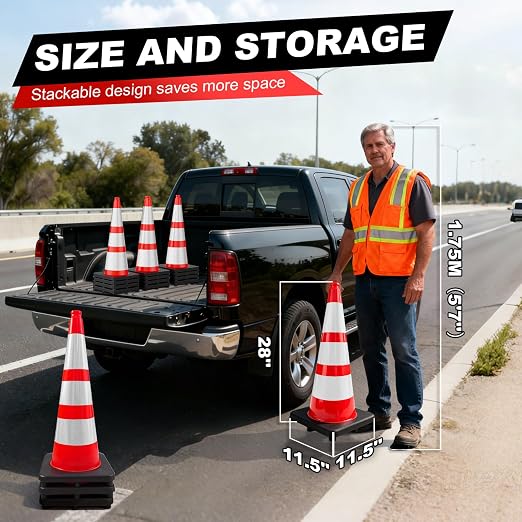 YATOINTO Traffic Cones 28 Inch with Weighted Base,Spring Back After Flattening,3 Reflective Collars,PVC Large Orange Construction Cones,Driving Training,Parking Lots,Highway,Roadwork,4 Pack