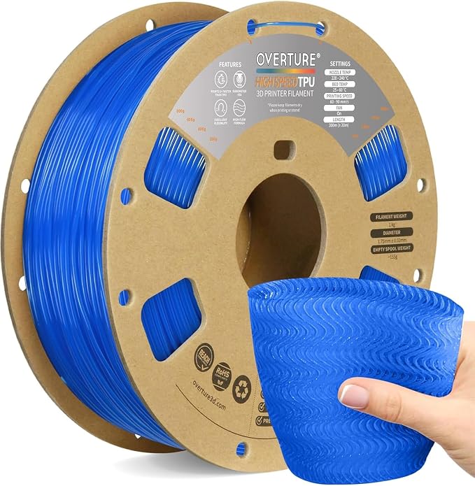 OVERTURE High Speed TPU 95A Flexible 3D Printer Filament 1.75mm | High Elasticity & Durability Filament,1kg Spool(2.2lbs),Fit Most FDM Printer(HS TPU Translucent Blue)