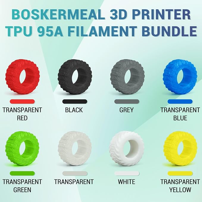 8Pcs 95A TPU Filament Bundle - 1.75mm 3D Printer Filament Pack, High Hardness, Flexible & Clog-Free, Accuracy +/- 0.03mm, Individually Vacuum Packed, Fits Most FDM Printers, 200g Spool x 8