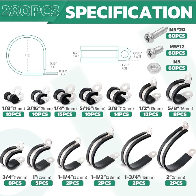 OURU 280PCS Cable Clamps with Screws Assortment Kit 304 Stainless Steel Rubber Cushioned Insulated Wire Pipe Clamps 13 Sizes—1/8" 3/16" 1/4" 5/16" 3/8" 1/2" 5/8" 3/4" 1" 1-1/4" 1-1/2" 1-3/4" 2”