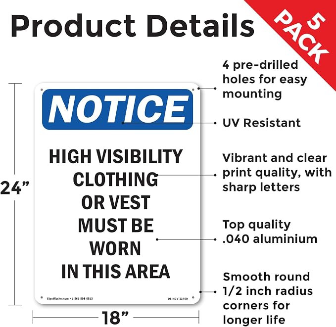 High Visibility Clothing Or Vest OSHA Notice Aluminum Sign 24 Inch x 18 Inch - 5 Pack