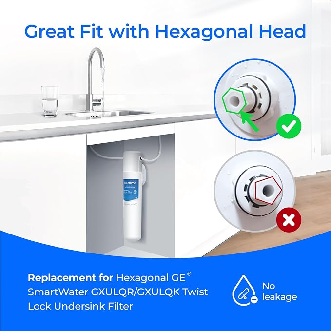 Waterdrop FQK1R, GXULQR Under Sink Water Filter, Replacement for Hexagonal Head GE FQK1R, GXULQR, Compatible with GE GXK140TNN and GXULQK, NSF/ANSI 42 372 Certified, 2K Gallons, 2 Pack