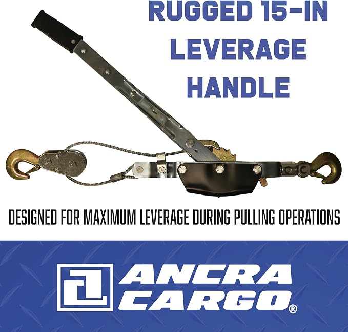 ANCRA CARGO Cable Puller, Double Line 4-Ton Pro Series, Heavy-Duty Machined One-Piece Gears, 1/4" Aircraft Grade Galvanized Steel Cable with Pulley Block
