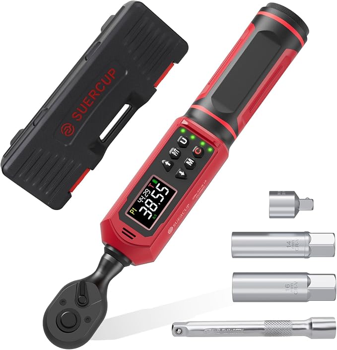 SUERCUP 3/8" Digital Torque Wrench (0.66-44.29Ft.Lb/0.9-60N.m) | ±1% Accuracy with Vibration/Buzzer/LED Alerts, 9 Presets & 5 Units, for Moto Engine/Brake, Car Spark Plug & Oil Drain Repair