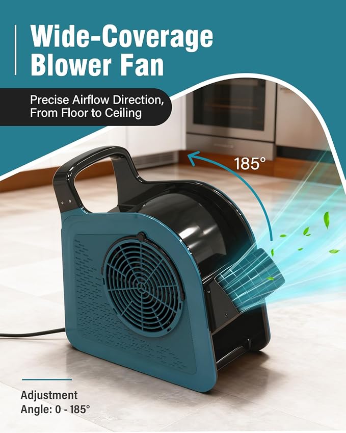 Portable Blower Fan for Home: High Velocity Floor Fans for Cooling and Drying - Air Mover with 185° Rotating for Bedroom, Garage, Shop and Gym, 3 Speeds Utility Fan with 2 AC Outlets, Blue