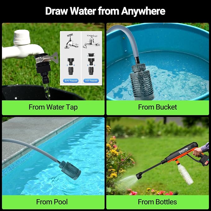 Cordless Washer, 3 Gear Brushless Washer for Car Washing, Patio, Fence, Driveway, Outdoor Cleaning， with 2 Batteries, 6 in 1 Nozzle, 6 Meter Hose, Tap Adapter
