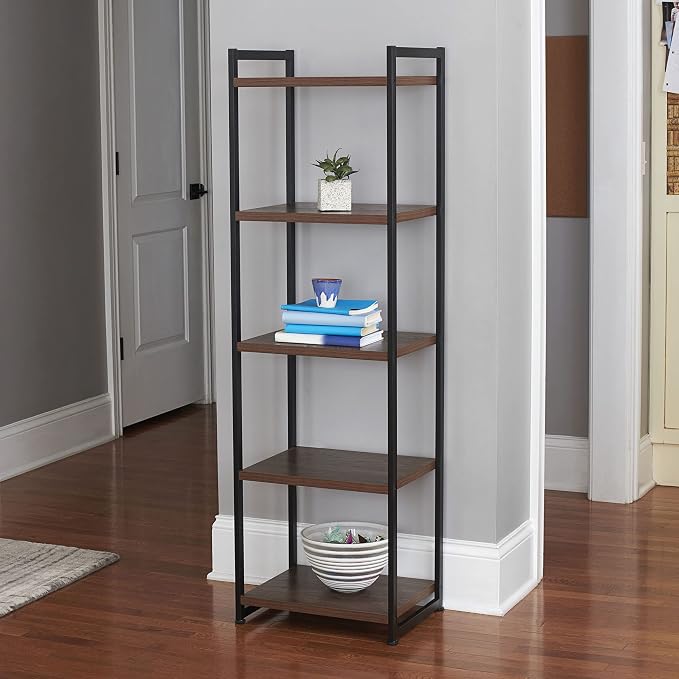 Household Essentials Narrow 5‑Shelf Open Storage Bookshelf, Mid‑Century Walnut Wood Grain with Black Metal Frame