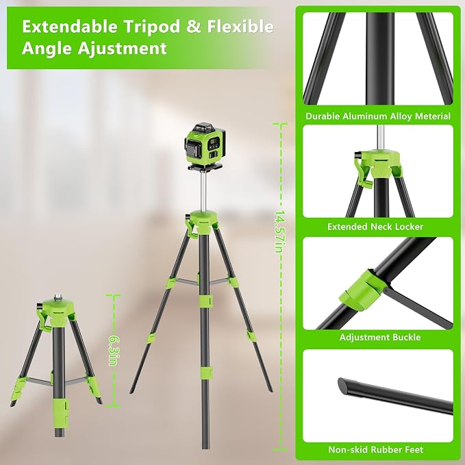 16 Line Laser Level 360 Self Leveling with tripod, 4x360°Professional 4D Green Cross Line laser Level with 2 Batteries & Remote Control, for Tiling Floor Construction and Picture Hanging