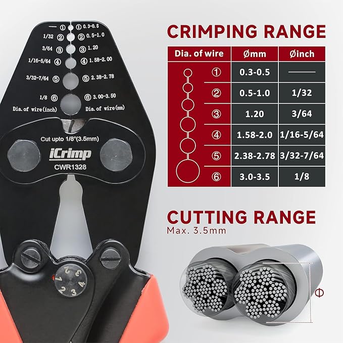 iCrimp Wire Rope Crimping Tool with Built-in Cutter Kit, with 330pcs Loop Sleeve and 45pcs Stainless Steel Thimble, Crimping from 1/32-inch to 1/8-inch