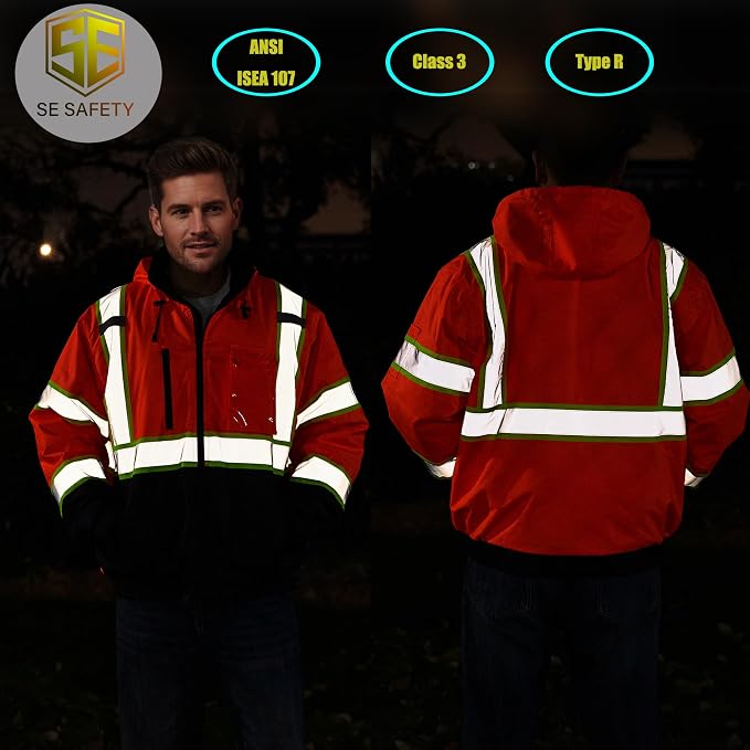 sesafety Reflective Jacket for Men, High Visibility Jackets, Safety Jackets for Men, Hi Vis Construction Bomber Jackets Waterproof with Pockets and Zipper, Black Bottom, Class 3