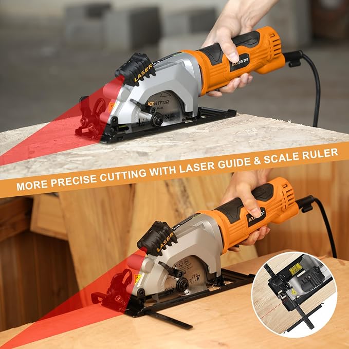 4.8A Power Circular Saw Corded,4000RPM Laser Guide 45° Max Angle Adjustment | Mini Circular Saw Maximum Cutting 1-11/16" at 90° and 1-1/8"at 45° for Wood, Soft Metal, Plastic