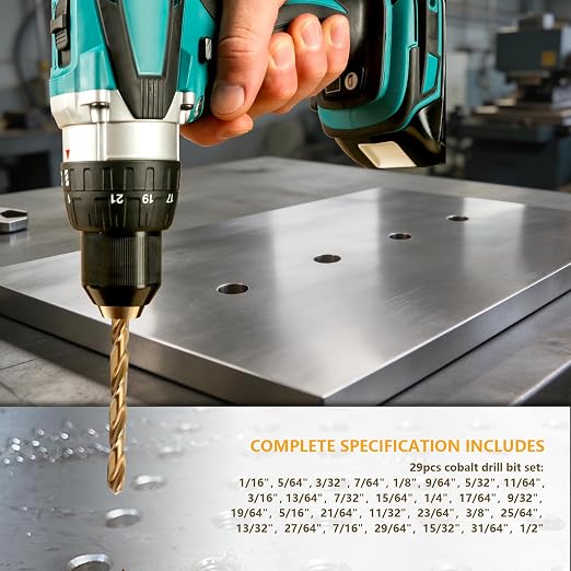 Cobalt Drill Bit Set - 29Pcs M35 High Speed Steel Twist Drill Bits for Hardened Metals, Stainless Steel, Cast Iron and Wooden Plastics with Metal Index Storage Box, 1/16"-1/2"