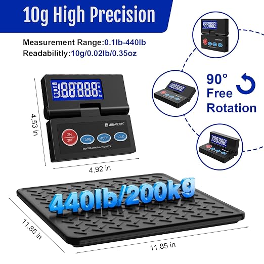 UNIWEIGH 440lb Postal Scale 10g Accuracy Digital Shipping Scale | Postage Scale with Alloy Steel Platform,USB-A/Battery Power,LCD/Tare/Hold/Auto-Off,Mail Scale for Small Business Packages