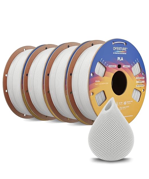 OVERTURE 4KG Bundle High Speed PLA Filament 1.75mm, Neatly Wound 3D Printer Filament 4 Pack 1kg Spool (2.2lbs) Rapid PLA, Fit Most FDM 3D Printers (White 4-Pack)