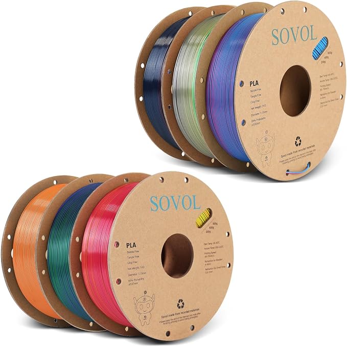 Sovol Silk PLA Filament 6KG Kit, Silk Tri Color & Dual Color Co-Extrusion PLA Materials, Shiny Multicolored Fast Change Rainbow 3D Printer Filament, 1.75mm 1kg/ 2.2lbs +/-0.03mm