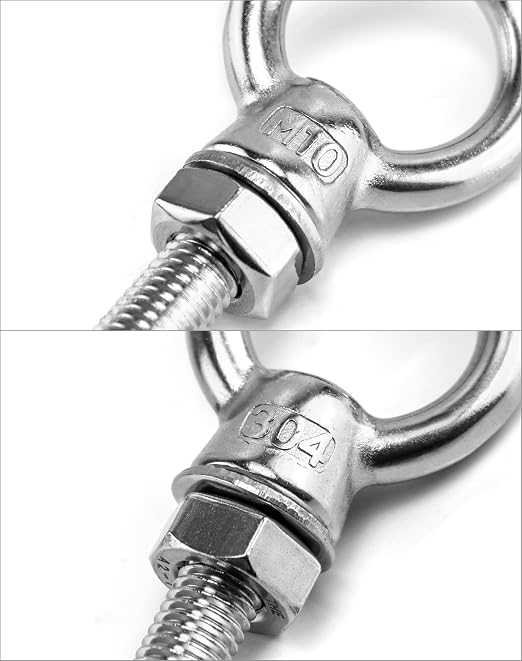 QWORK Threaded Eyebolts, 10 Pack 3/8" x 4" Long Stainless Steel Marine Grade Shoulder Eye Bolt, M10x100mm