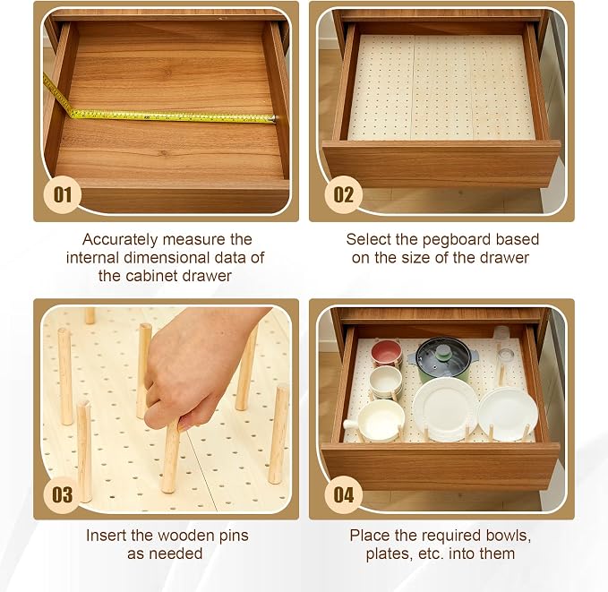 Kigley 6 Pcs Wood Pegboard Drawer Organizer with 48 Pegs Wooden Peg Board System Peg Drawer Organizers for Kitchen Dishes Plate Pegboard Food Containers (Wood Color,21x5.91,Pine)