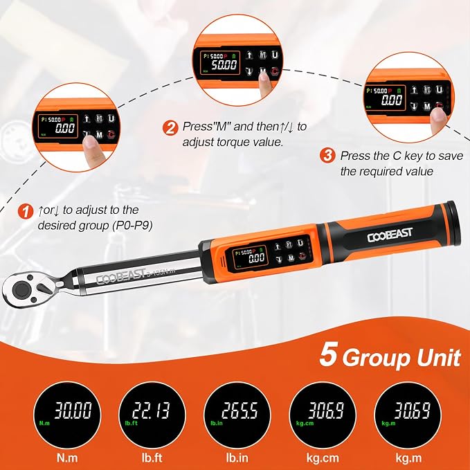 coobeast Digital Torque Wrench, 3/8 Drive Electronic Torque Wrench with Preset Value(1.5-99.5 Ft-lbs./2-135Nm), Buzzer and LED Flash Five Units of Measure for Bike Motorcycle Car