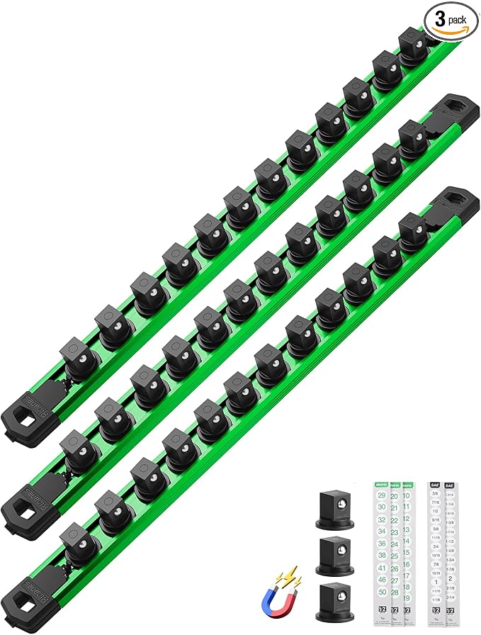ALOANES Magnetic Socket Organizer Set, 3-Piece Heavy Duty Aluminum Socket Rails, 360° Swivel Clips Socket Rail Kit for Tool Tray Drawer Fit 1/2-Inch x 36 Clips (Green, 3PC)