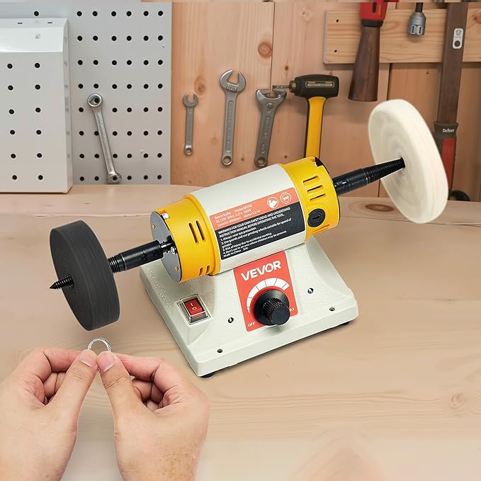 VEVOR Bench Buffer Polisher, 1/2HP Polishing Buffing Machine, 0 to 8000RPM Benchtop Polisher Grinder with 4" Cloth Wheel, 3" Grinding Wheel & 3" Fiber Wheel for Metal, Jewelry, Wood and Plastic