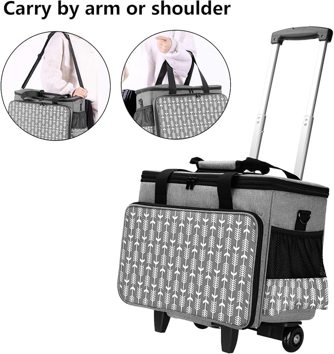 Yarwo Upgraded Rolling Craft Bag with Detachable Trolley and Multi-Pockets | Removable Bottom Board, Wheeled Scrapbook Tote, Large Teacher Gifts Bag, Rolling Briefcase for Teaching & Office, Gray Arrow