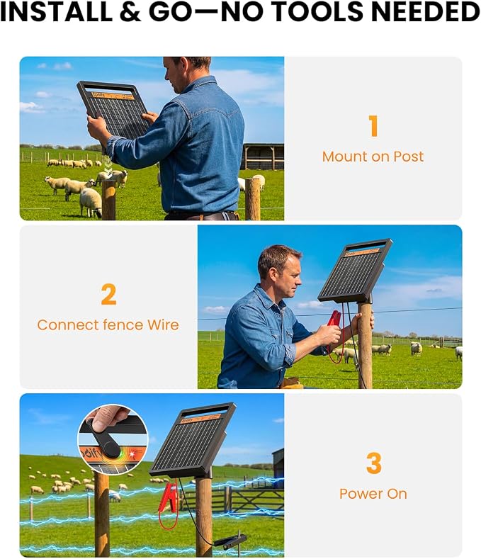 Solar Electric Fence Charger 1.2J Stored Energy, 45 Miles Coverage,8W Solar Fence Energizer with 10000mAh Battery,7–11kV Output, Smart Alarm, All-Weather Fence Charger for Cattle, Horses & Farms