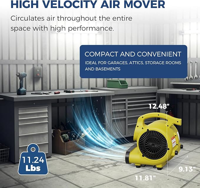 ALORAIR 600 CFM Air Mover Blower Fan for Industrial, Workshop, and Home Use - 3 Speeds, 5 Adjustable Angles and Daisy Chain - Ideal for Water Damage Restoration and Plumbing - GF600A Yellow