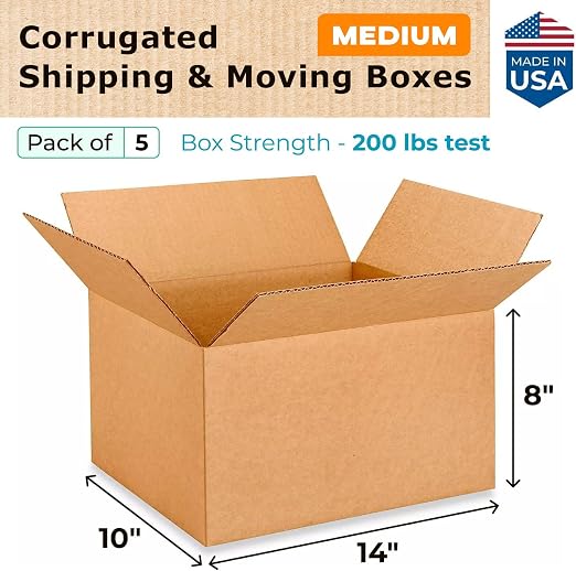 Medium Moving & Shipping Boxes 14 x 10 x 8 inches (5-Pack) - Extra Strength 200 lb vs Regular - USA-Made Corrugated Packaging Box - Box for Shipping - Cardboard Box by IDL Packaging