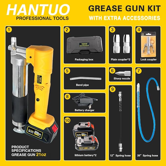 20V MAX Electric Grease Gun Kit with 2 Batteries and Charger, 12000 PSI Cordless Grease Gun Kit with Quick Release Coupler, 39” Hose, Extension Rigid Pipe for Tractors, Trailers, Mechanical