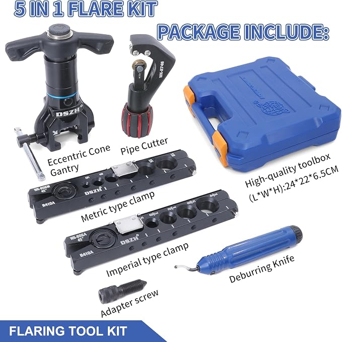 Flaring Tool Kit for 1/4”- 3/4” and 6-19mm HVAC Single Flare Tool, 45° Eccentric Tube Flaring Tool with Pipe Cutter for Copper Aluminum Pipe and Deburring Tool - 5 in 1 Kit